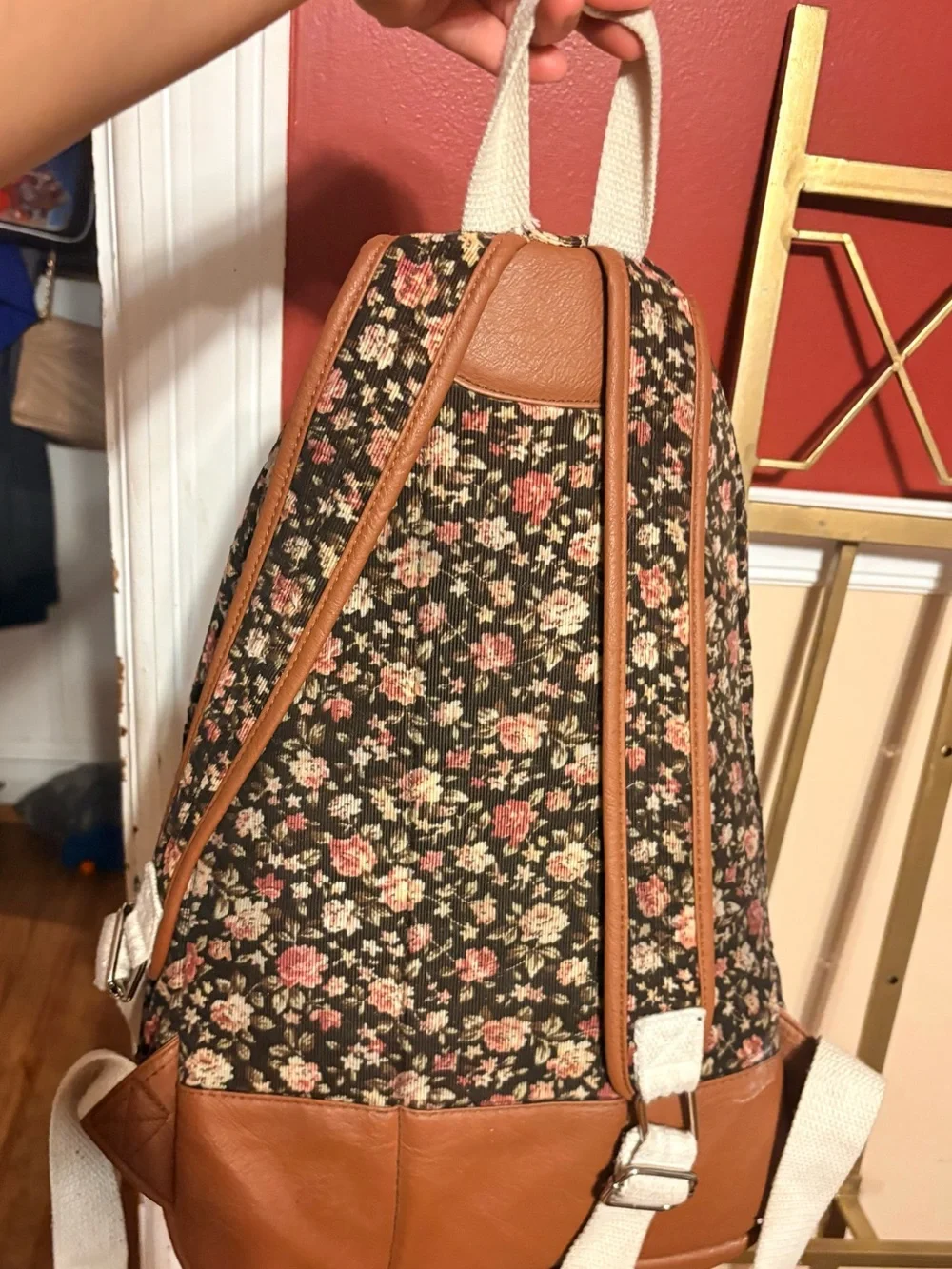 Floral Canvas and Tan Leather Backpack - Women